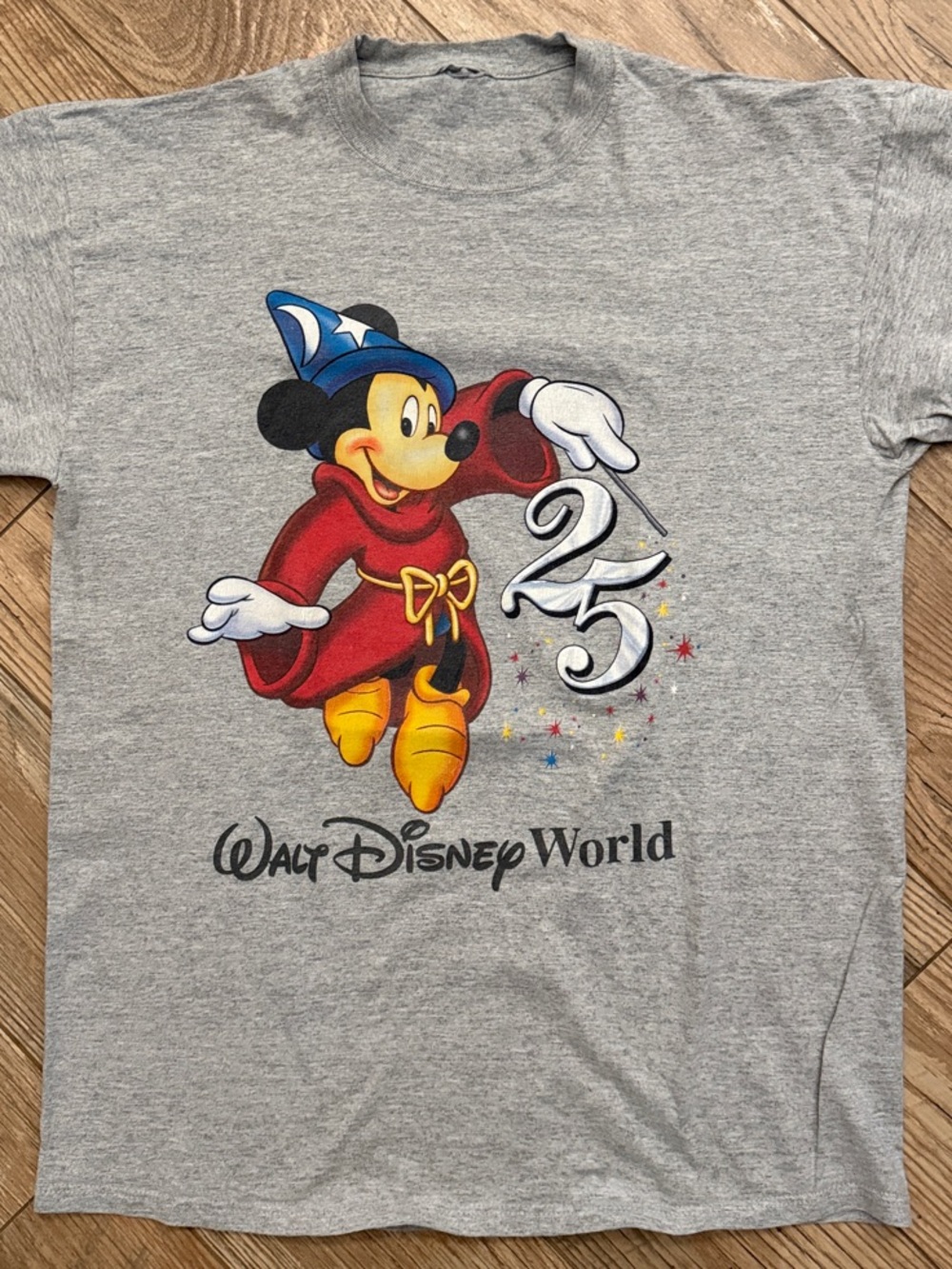 Vintage Disney 25 Years Gray Tee with Red, Blue and Yellow Sorcerer Mickey